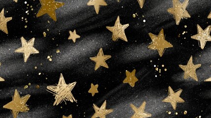 A black and gold starry night sky with scattered stars and glitter, featuring a large gold star in the center.