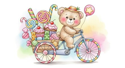 Teddy bear bicycle candy cupcake lollipop sweets balloon illustration watercolor art for kids birthday party