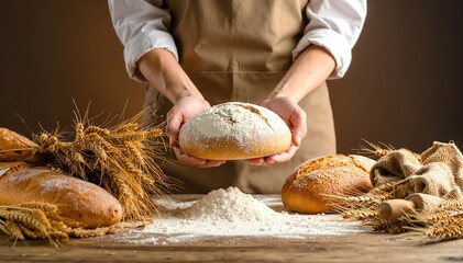 A skilled baker proudly holds up a freshly baked loaf of artisanal bread, showcasing its golden crust and inviting aroma in a cozy bakery setting.