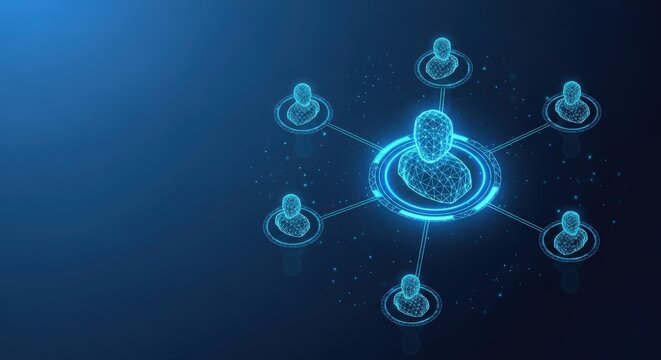 A glowing blue digital network of interconnected people