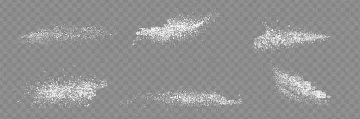 Sugar or salt powder piles set isolated on transparent background. Vector realistic illustration of white dry substance scattered on surface, ground food seasoning,