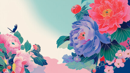 Oriental Floral Illustration with Peony and Butterfly — Modern Asian Art Design