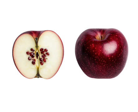A vibrant red apple, both whole and halved, isolated on transparent background, showcasing its juicy flesh and seeds, a symbol of health and deliciousness - Powered by Adobe