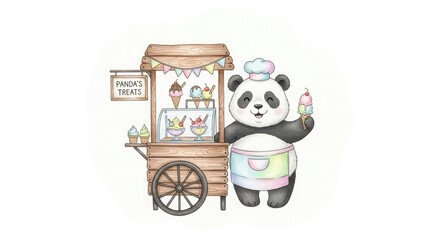 Panda ice cream treats cart sweet dessert shop cute cartoon food illustration kawaii animal chef character