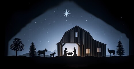 A Tranquil Night Scene Depicting the Nativity, Featuring Silhouettes of Mary, Joseph, and Animals in a Rustic Barn Under a Starry Sky