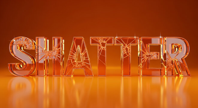 Shatter word breaking in orange 3d glass letters