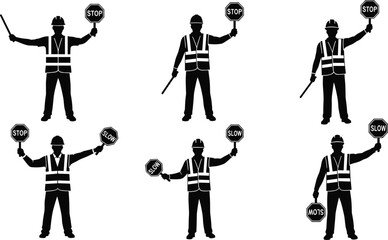 Silhouettes of construction workers holding STOP signs and signaling traffic control gestures with safety vests and hard hats