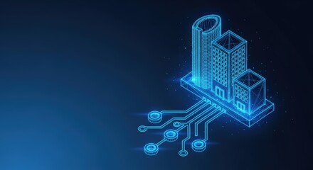 Futuristic smart city illustration with glowing blue circuitry