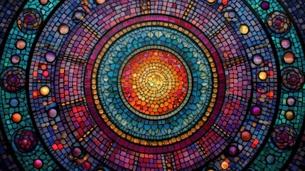 A vibrant, colorful mosaic artwork featuring a central circular pattern with a radiant array of colors 