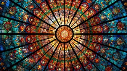 A colorful stained glass window with intricate designs and vibrant colors, featuring a central circular pattern with radiating rays of light.