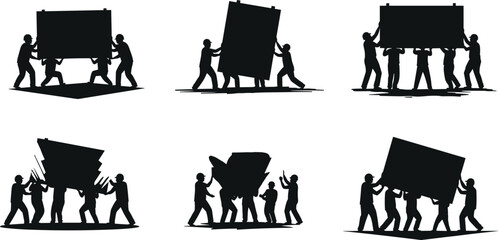 Silhouettes of people lifting large boards together, teamwork and cooperation concept in black vector illustration for unity and effort