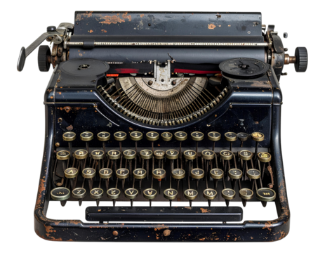 Vintage weathered typewriter with faded keys and rustic charm, isolated on transparent background, PNG