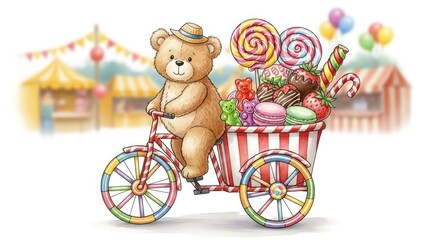 Teddy bear tricycle candy cart lollipops macarons strawberries fairground sweet treats illustration art