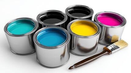 Six metallic paint cans with different colors of paint, including blue, yellow, and pink, arranged in a row with a paintbrush on the right side.