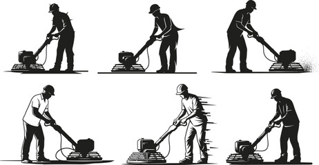 Silhouettes of workers operating floor polishing machines in various poses, cleaning service concept in black vector illustration set