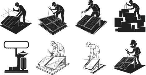 Solar panel installation silhouettes, renewable energy workers, measuring and assembling tasks, black vector illustrations, maintenance tools, sustainable infrastructure, clean energy concept