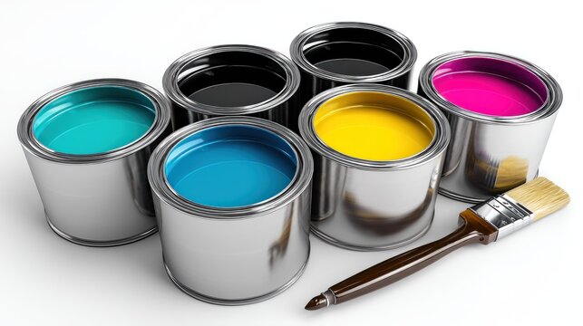 Six metallic paint cans with different colors of paint, including blue, yellow, and pink, arranged in a row with a paintbrush on the right side.