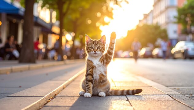 A fluffy tabby cat sits gracefully on a sunlit sidewalk, its bright green eyes scanning the surroundings while its tail flicks playfully.