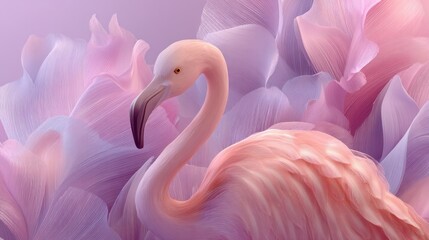 Fototapeta premium A pink flamingo stands amidst a vibrant, textured background of purple and pink flowers, with a soft, ethereal light illuminating the scene.