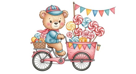 Cute teddy bear candy cart bicycle lollipops sweets illustration watercolor art children design sweet shop