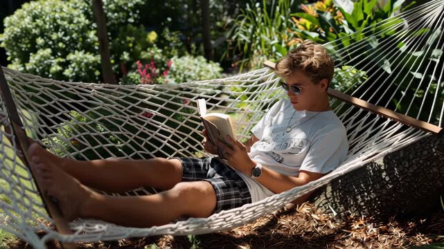 A young man is reading a book while lying in a hammock. Casual hammock scene, young person reading book in garden, relaxed independence, early retirement for millennials