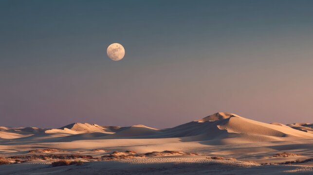 Full moon rising over a vast, flat desert landscape with sand dunes and mountains in the distance. - Powered by Adobe