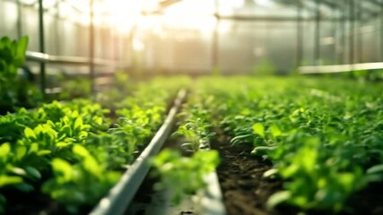 Green plants growing inside greenhouse with sunlight background