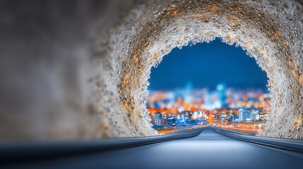 A unique perspective of a city skyline viewed through a circular opening, capturing the essence of urban transport.