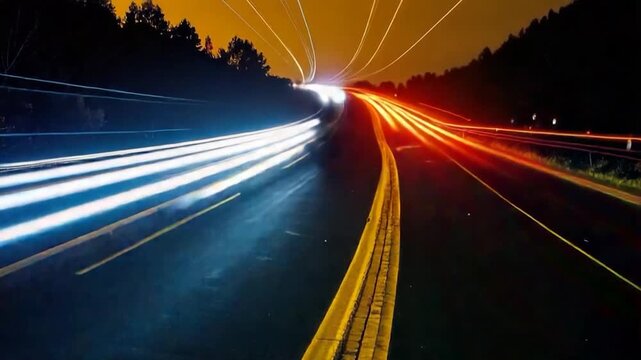 Long exposure night shot of highway traffic. Blue/white light trails on left, red/orange on right, divided by yellow