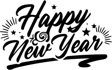 Happy new year text design with fireworks and star decorations in black and white festive celebration theme silhouette