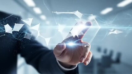 Businessman interacting with futuristic digital network interface in modern office. - Powered by Adobe