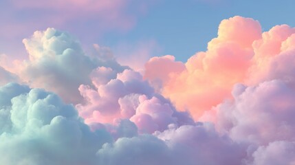 A vibrant, ethereal sky filled with soft, pastel clouds, transitioning from cool blues to warm pinks 