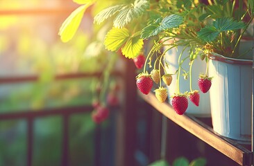 Ripe strawberries grow in pots, bathed in golden sunlight