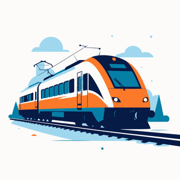 A modern electric passenger train speeds along a railway track in a stylized, flat vector illustration.