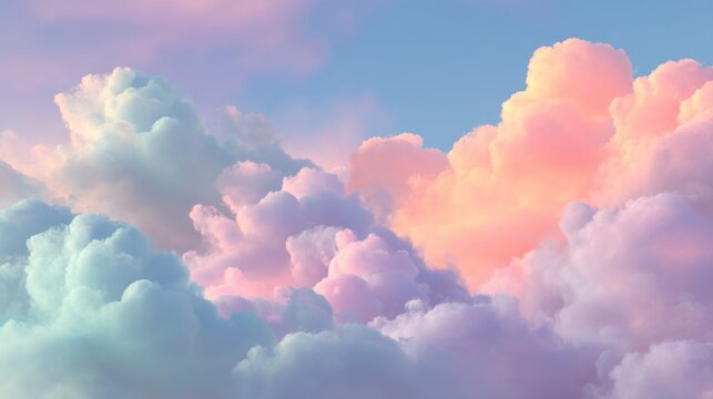 A vibrant, ethereal sky filled with soft, pastel clouds, transitioning from cool blues to warm pinks