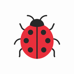 A simple, symmetrical graphic illustration of a red ladybug with black spots on a white background.