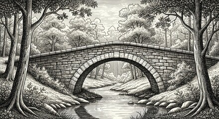 Stone bridge over river engraving landscape illustration nature trees forest artwork vintage scene drawing
