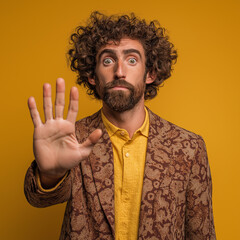 Photo of curly man with beard holding his hand up, confused look on face