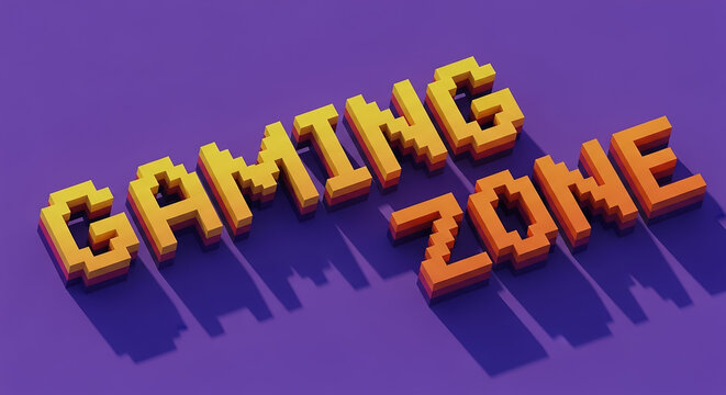 Gaming zone pixel art 3d text on purple background