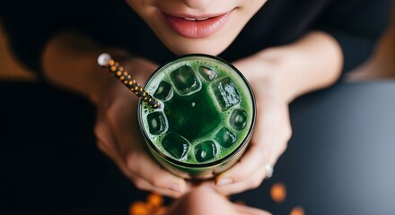 Woman holding vibrant green juice with ice and paper straw.