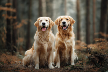 Two happy, smiling golden retrievers in a forest, sitting side by side and looking at the camera. 