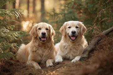 Two happy, smiling golden retrievers in a forest, sitting side by side and looking at the camera. 