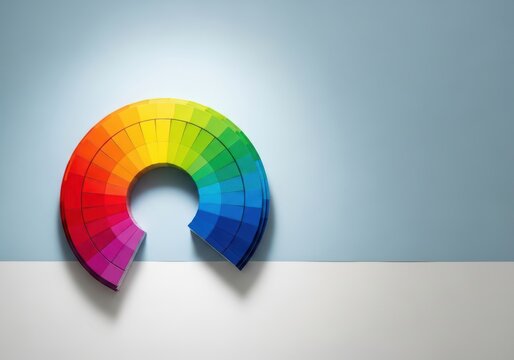 A colorful color wheel fan swatch against a light blue wall - Powered by Adobe