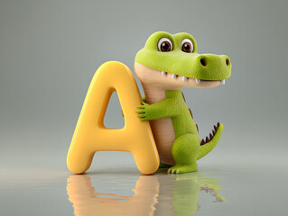 Cute alligator with bright green color, holding letter A, playful expression, cartoon style, friendly character, vibrant design