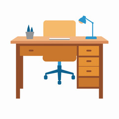 An illustration of a wooden office desk with a chair, lamp, and stationery.