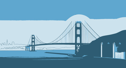 Fototapeta premium Minimalist San Francisco Golden Gate Bridge Illustration in Blue Tones, Perfect for Travel Posters and Cityscape-Themed Graphic Design Projects