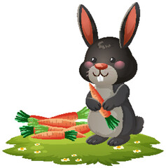 Black Bunny Holding Carrot on Grass Patch