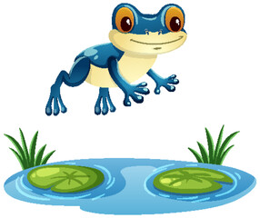 Blue Tree Frog Leaping Over Lily Pond