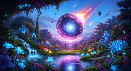 Mystical alien forest illuminated by a swirling cosmic orb and a fiery comet