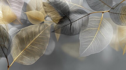 A delicate, transparent skeleton of leaves with a golden hue, set against a blurred, gray background with soft bokeh effects.